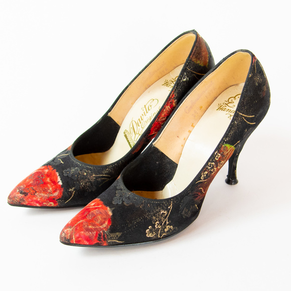 Vintage 1950s Floral Metallic Stiletto Heels - Picture 1 of 4